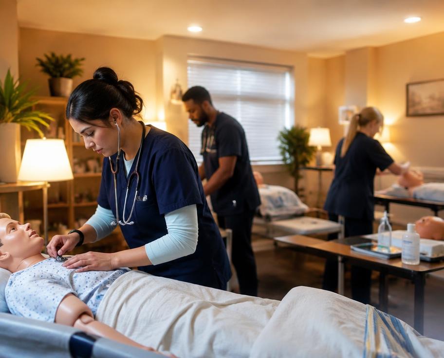 Adult nursing students practicing in a simulation room